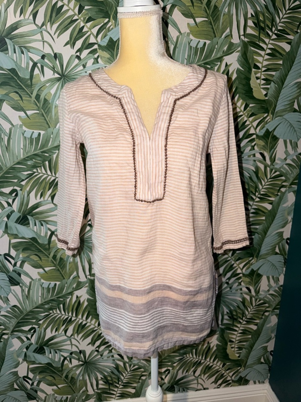 Tommy Bahama Linen Beige & Taupe Striped Beaded Tunic